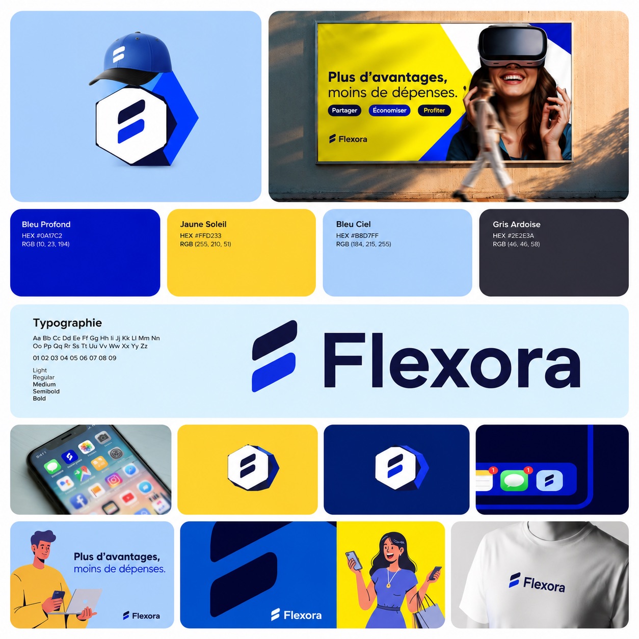 Planche d'identité visuelle avec logo, palette de couleurs, typographie et supports de marque