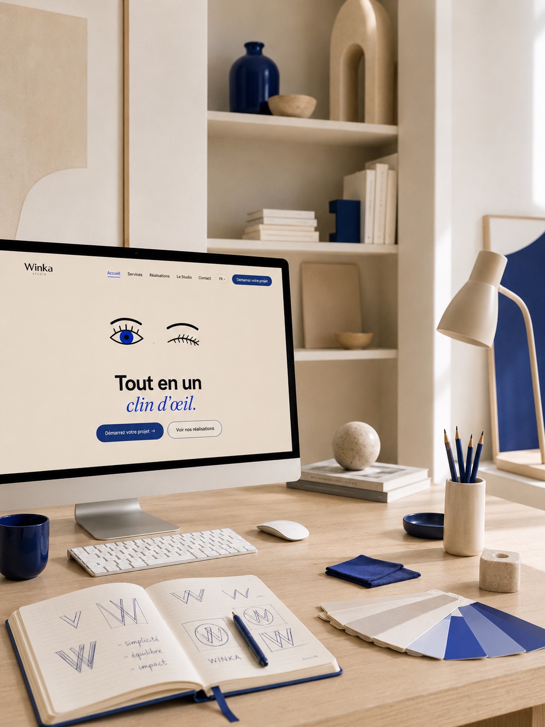 Bureau du studio Winka, iMac présentant le site, carnet de croquis et nuancier cobalt